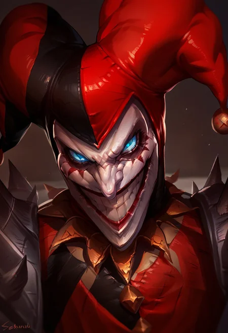 score_9_up, score_8_up, score_7_up, solo, 1boy, lol_sh@co, white skin, glow blue eyes, pointy nose, grin, jester cap, pauldrons, jester jacket, portrait, face focus,