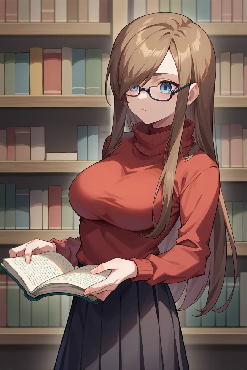 score_9, score_8_up, score_7_up, score_6_up, source_anime BREAK 1girl, solo <lora:teargrants-pdxl-nvwls-v1-000005:1> tgrants, brown hair, hair over one eye, red sweater, turtleneck, medium breasts, black skirt, bookshelf, reading book, glasses