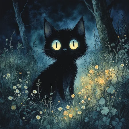 Studio Ghibli Dark Fairytale, The image is a digital illustration of a black cat sitting in a field of tall grass and wildflowers. The cat is facing towards the right side of the image with its head turned slightly to the left. It has large round yellow eyes that are glowing blue. The background is dark and cloudy with a hint of blue and orange. The overall mood of the illustration is mysterious and eerie. The image has a dreamy ethereal quality to it., cat, no humans, flower, grass, nature, black cat, outdoors, solo, tree, looking at viewer