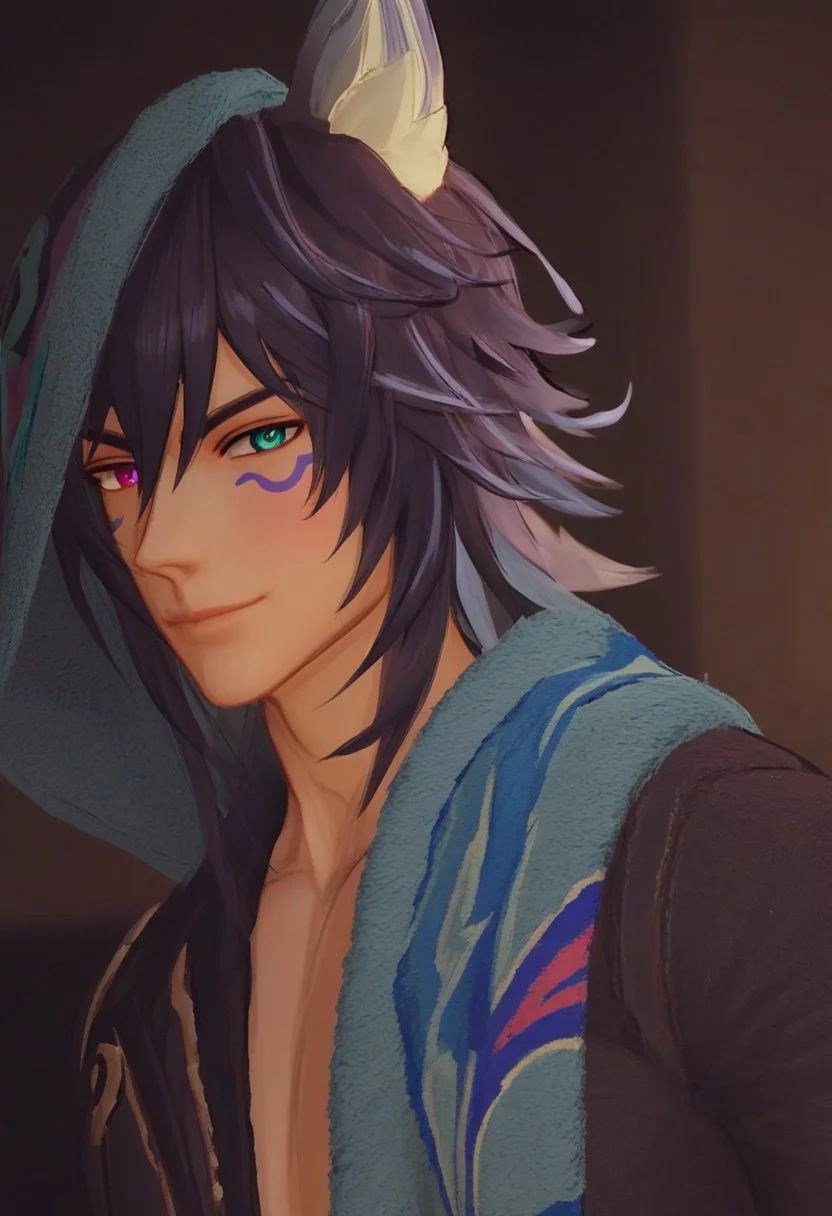 1boy, solo, male focus, animal ears, animal ear fluff, fox ears, ororon_(genshin_impact), black hair, spiky hair, messy hair, purple tint hair, green highlight, multicolored hair, wolf cut hair, hair between eyes, bangs, tan skin, Heterochromia, one green eye, one purple eye, facial marks, facial tattoo, fox boy, slim face, detailed eyes, satisfaction, satisfied, neutral, detailed face, slim face, (smile:1.3)
dark theme, intense shadow, intimidating, chest close to viewer, dark light, no light, dark out, shadow,
casual clothes, sweaty hair, long sleeves, looking at viewer, from side view,
sweating, sweat, steaming, heavy breathing, front view, seductive, romantic, in a sofa, towel on shoulder, (lounging:1.1), relax
rating PG, score_9,score_8_up,score_7_up, source_anime, male focus, manly, tall, detailed eyebrow, sharp eyebrows, focus on thigh, thigh focus, random view, (3D, realistic, hyper resolution, hyper quality:1.2)