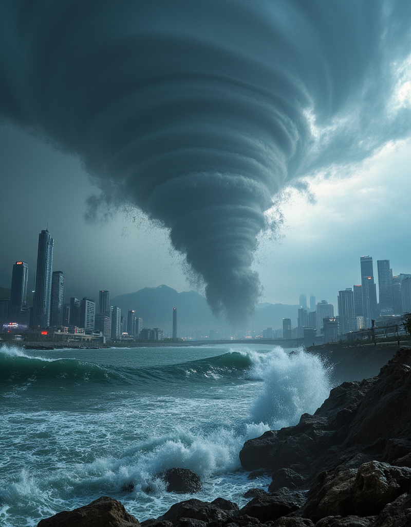 <lora:Space_Worlds_01__Poetic_fluxbeta4:1> sw01p_flux. photo. a violent storm is striking a cyberpunk city with giant waves, higher than some buildings. There is a lot of wind and in the stormy sky, a huge tornado is beguining to form itself with some lighning.
