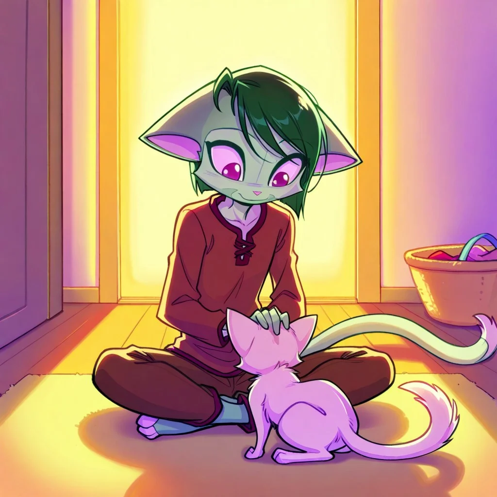score_9, score_8_up, score_7_up,lilith_calah,
1girl,solo,furry,tail,dark green hair, source_furry, masterpiece,
,<lora:lilith_calah_illustrious:0.8>,
kid, child,
cat, petting, sitting_on_floor, casual_clothing, indoors, short_hair, gentle_smile, fluffy, warm_lighting, soft_focus, peaceful_expression, cozy,