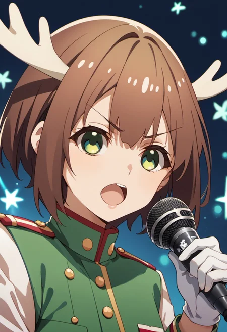 score_9, score_8_up, score_7_up, source_anime,shikanoko noko, short hair, brown hair, green eyes, antlers, 1girl, microphone, flower, gloves, solo, white gloves, open mouth, uniform, military uniform, v-shaped eyebrows, white flower, looking at viewer