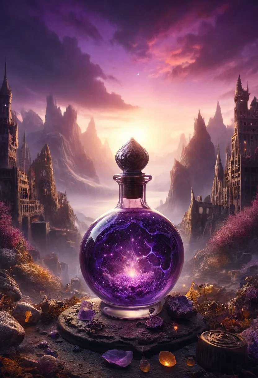 Score_9, Score_8, high_def, highest quality, 4k, best quality, masterpiece, focused, defined, Photorealistic magic potion, intricate glass bottle, elixir, vibrant purple and silver colors, glowing with a soft radiant glow, ethereal light, wax seal, radiant golden highlights, magic lights, luminous, dynamic reflections, magical aura, highly detailed, fantasy essence, glowing spark-like particles, radiant aura, evoking a sense of ethereal beauty and majesty