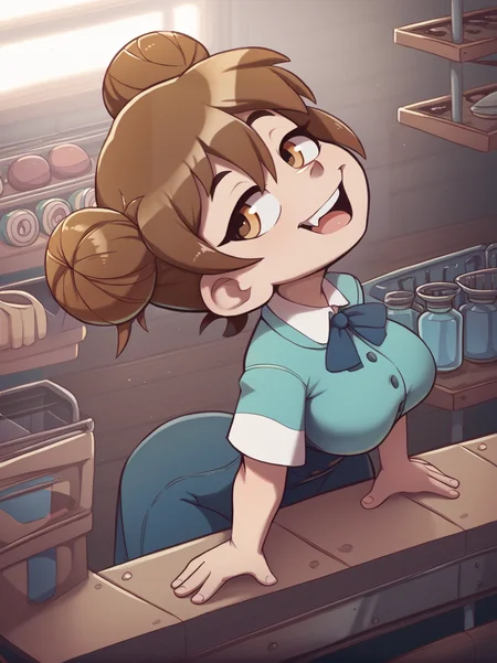 score_9, score_8_up, score_7_up, score_6_up, score_5_up, score_4_up, cartoon,
1girl, (shaft head tilt), <lora:shaft_head_tilt-PD-1.0:1.1>
double hair bun, brown hair, large breasts, shortstack, brown eyes, sidelocks, hair hair between eyes,
shopfront, shelves, open mouth, smug
