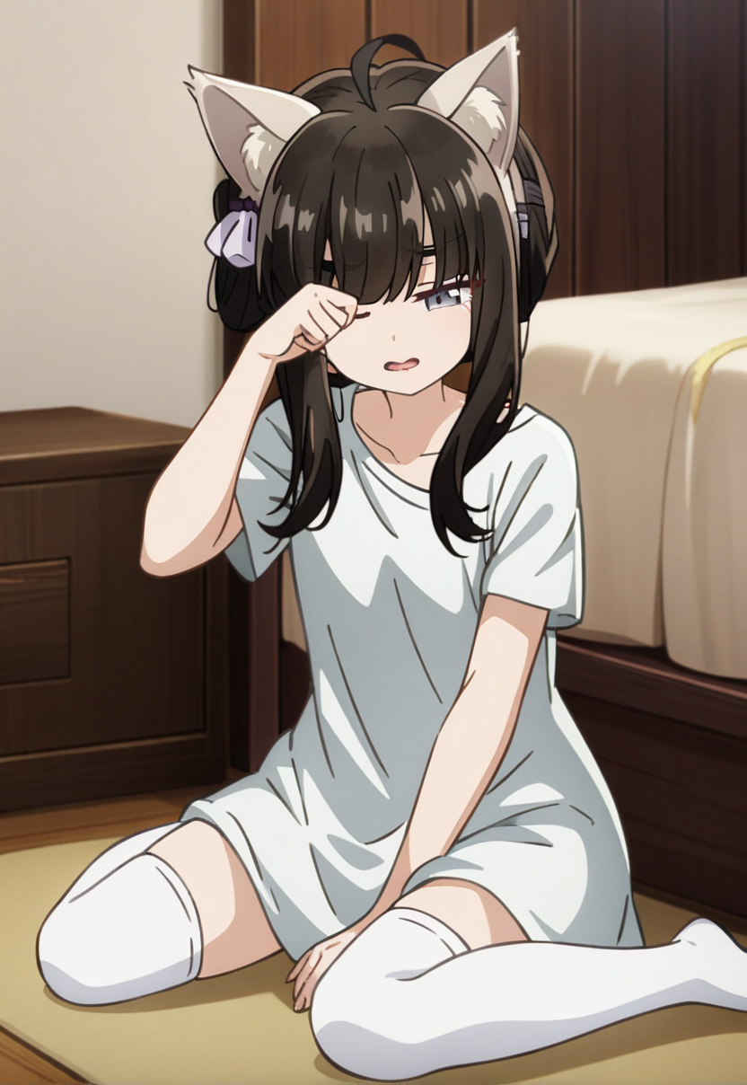 1girl,michiho,solo,
anime screeshot,
bedroom, 
grey eyes, black hair,animal ears,ahoge,
t-shirt,white thighhighs,
wariza,rubbing eyes,
sleepy,half-closed eyes, smile, open mouth, 
masterpiece, best quality, very aesthetic, absurdres <lora:michiho-000004:0.9>