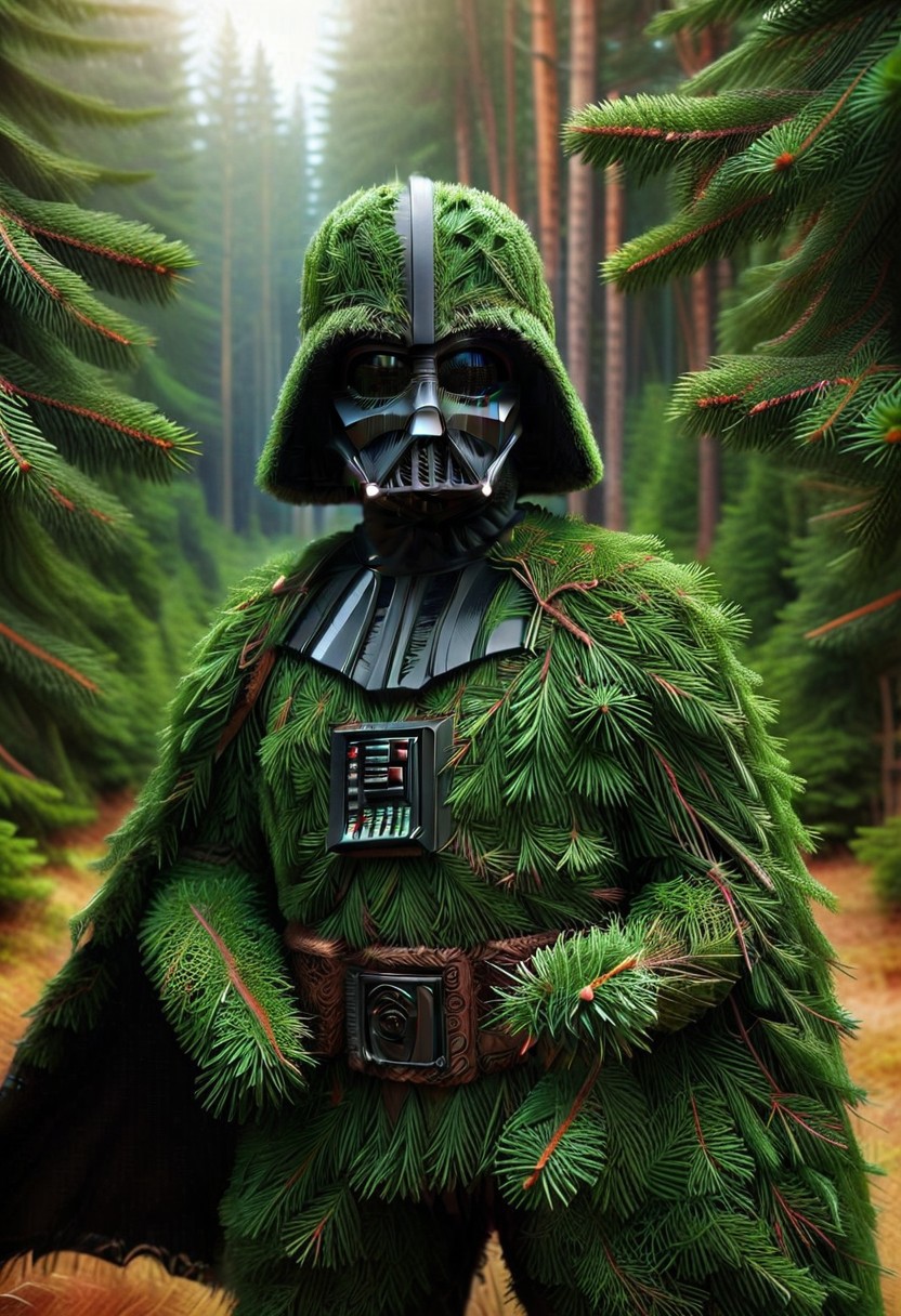 (HD, masterpiece, best quality, ultra detailed), pg-rated, a Darth Vader made out of fir needles, fir needle style, fir needle, made out of fir needles, fir forest background