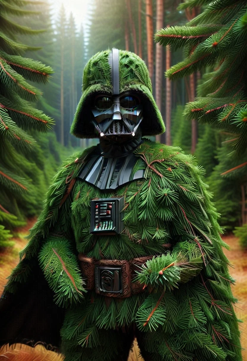 (HD, masterpiece, best quality, ultra detailed), pg-rated, a Darth Vader made out of fir needles, fir needle style, fir needle, made out of fir needles, fir forest background