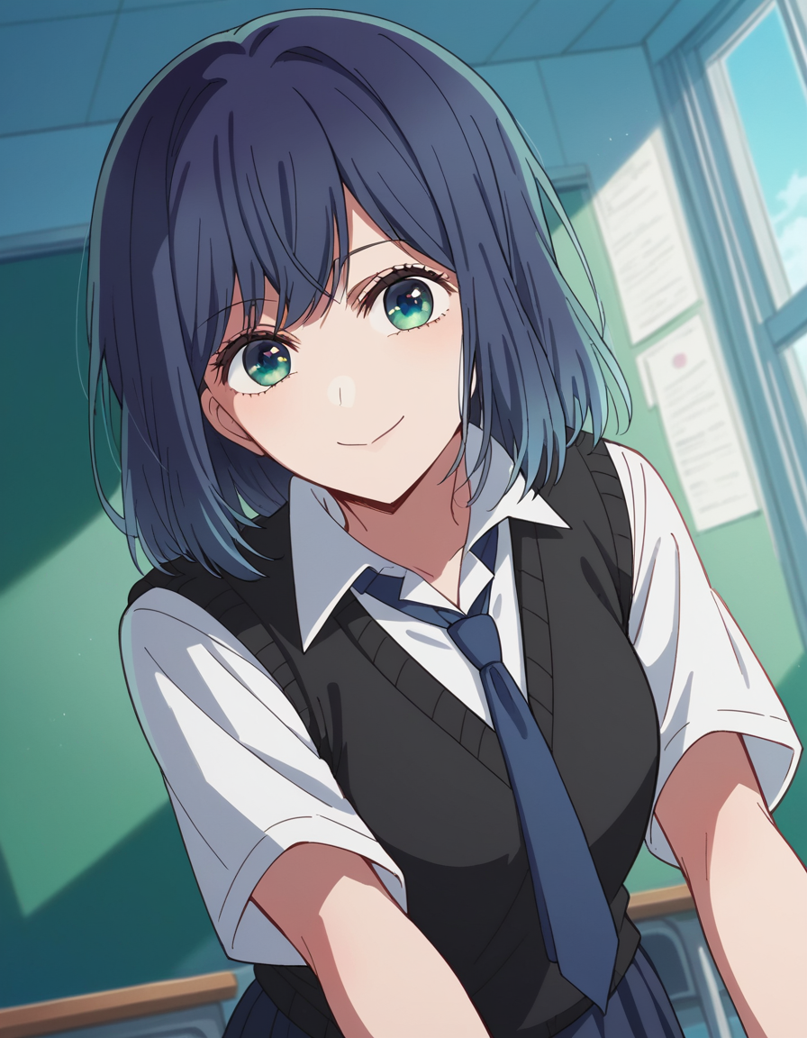score_9, score_8_up, score_7_up, source_anime,
akanekurokawa, <lora:akane-kurokawa-s1-ponyxl-lora-nochekaiser:1>,
akane kurokawa, bangs, green eyes, blue hair, medium hair, dark blue hair,
shirt, school uniform, white shirt, necktie, collared shirt, vest, blue necktie, skirt, blue skirt,
indoors, classroom, bent over, smile,
looking at viewer, cowboy shot, dutch angle, solo,