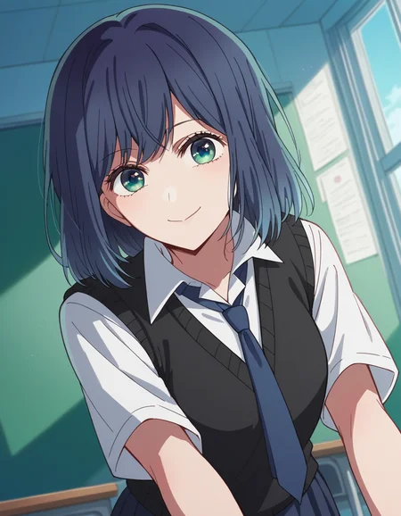 score_9, score_8_up, score_7_up, source_anime,
akanekurokawa, <lora:akane-kurokawa-s1-ponyxl-lora-nochekaiser:1>,
akane kurokawa, bangs, green eyes, blue hair, medium hair, dark blue hair,
shirt, school uniform, white shirt, necktie, collared shirt, vest, blue necktie, skirt, blue skirt,
indoors, classroom, bent over, smile,
looking at viewer, cowboy shot, dutch angle, solo,