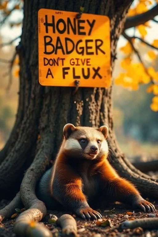 A honey badger is laying under a tree in a clearing. The tree has a sign that says "Honey Badger don't give a flux",
