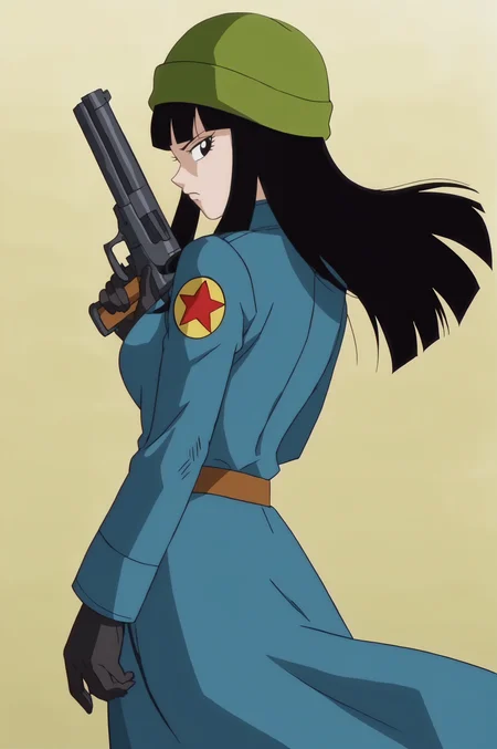 source_anime, score_9, score_8_up, score_7_up, anime screencap, absurdres,
future mai, official style, 1girl, solo, hime cut, long hair, black hair, bangs, facing away, from behind, knit hat, green headwear, military coat, blue coat, long sleeves, print sleeve, red star, star \(symbol\), black gloves, leather belt, frown, looking ahead, wind lift, floating clothes, cowboy shot, arm at side, holding handgun, gradient background, from side, looking back, black eyes,
<lora:ohmai_pony_v1:0.8>