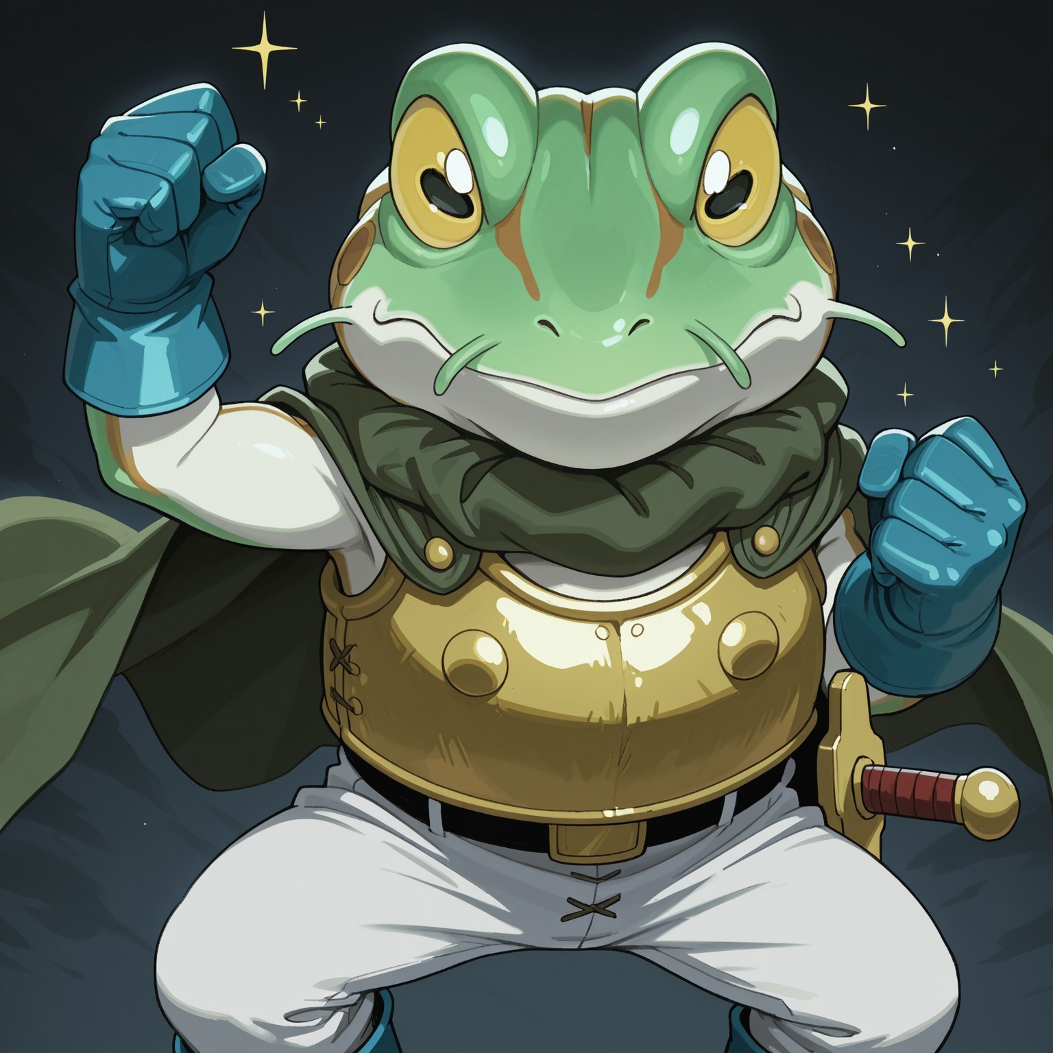 2d, solo, CTFrog, Frog, anthro, yellow sclera, black pupils, horizontal pupils, green skin, white skin, brown skin, multicolored body, armor, green cape, golden breastplate, white pants, belt, belt buckle, blue gloves, blue boots, sleeveless, barbel, sword scabbard

BREAK best quality, amazing quality, very aesthetic, absurdres, newest, masterpiece, aesthetic lighting, upper body focus, confident, smirk, fist pump, abstract background, sparkles