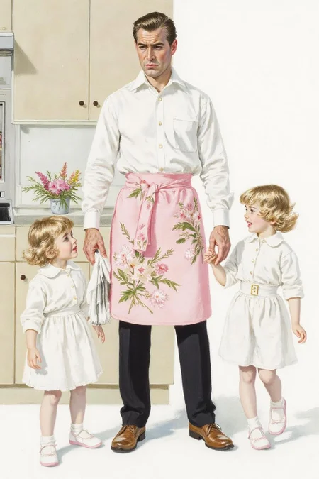 cobyw1 illustration
kard1 illustration. yawc1 watercolor
kard1 illustration
A father, and two little girls. The father, positioned centrally, is dressed in a white shirt, black trousers, and a pink apron adorned with a floral pattern. His hair is neatly combed, and he holds a towel in his right hand. He looks slightly stern, standing in front of a modern kitchen with a light-colored countertop and white cabinets.
To the right, two little girls are walking away while laughing at their father
<lora:cobyw1_cap_d6a3e12:1.0><lora:818786501098755539:0>