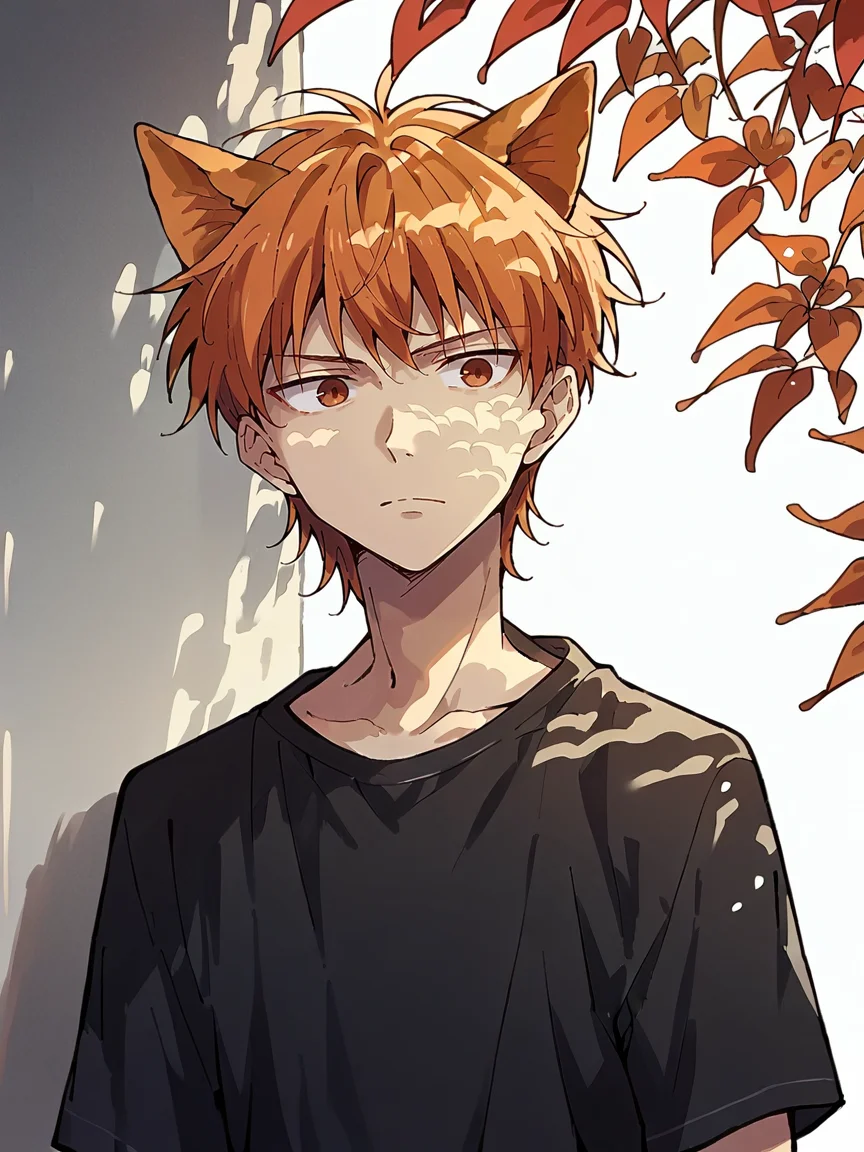 score_9, score_8_up, score_7_up, score_6_up, score_5_up, <lora:dappledlightXLP:1> dappled light, dappled sunlight, <lora:KyoSohmaXLP:1> kyo sohma, 1boy, solo, orange hair, brown eyes, black shirt, cat ears