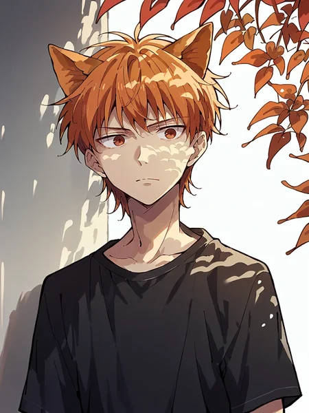 score_9, score_8_up, score_7_up, score_6_up, score_5_up, <lora:dappledlightXLP:1> dappled light, dappled sunlight, <lora:KyoSohmaXLP:1> kyo sohma, 1boy, solo, orange hair, brown eyes, black shirt, cat ears