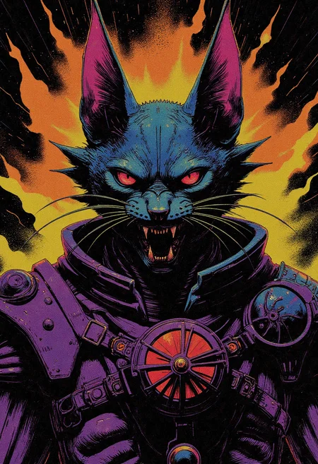 A mesmerizing digital painting captures the eerie, haunting beauty of a close-up view of an Info Dealerbeastmaster's fearsome Gajalaka Palico face. The subject is surrounded by intricate details that showcase his unique riot shield emblem adorning his armor, as well as every groove and texture in the creature's leathery skin, sharp teeth, beady eyes, and sinewy muscles accentuated by his intimidating riot shield. This modern dark fantasy artwork masterfully captures the unsettling yet intriguing allure of this cat-like creature from the world of Monster Hunter. The artist uses bold colors, heavy brushstrokes, intricate linework, and expert use of light and shadow to create an atmosphere of foreboding tension, showcasing the formidable Gajalaka in its macabre glory within the realm of modern dark fantasy art., <lora:test2-000013-nistyle:0.5> Nistyle,<lora:Reticulating_Noise_Gradient_Flux:0.3> Reticulating Noise Gradient, noisy, grain-shaded gradient, vibrant neon fluorescent hues, grainy, pixelated texture, filter-enhanced, stylized image, monochromatic color scheme, neon fluorescent theme,<lora:Wiz-Arcana-Spectral_Glow:0.35> spectral glow, chromatic grain, motion blur, diffuse silhouette, light leak effect, prism effect, inverted negative film, ethereal, <lora:DND_GRAINYBOYZ_FG_FLUX_V2_ROMULUS_Lora:0.35><lora:DND_COLORBOYZ_FG_FLUX_REMUS_Lora:0.25> DNdGr41nyB0yz style, <lora:ck-greasepencil-000018:0.5> high quality fine line concept art drawing in the style of ckgp