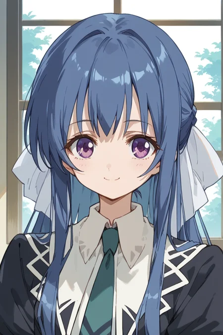 score_9, score_8_up, score_7_up, score_6_up,
<lora:Tamao_Suzumi:1> tamao, miator, 1girl, solo, blue hair, school uniform, necktie, long hair, window, smile, purple eyes, sidelocks, upper body, ribbon