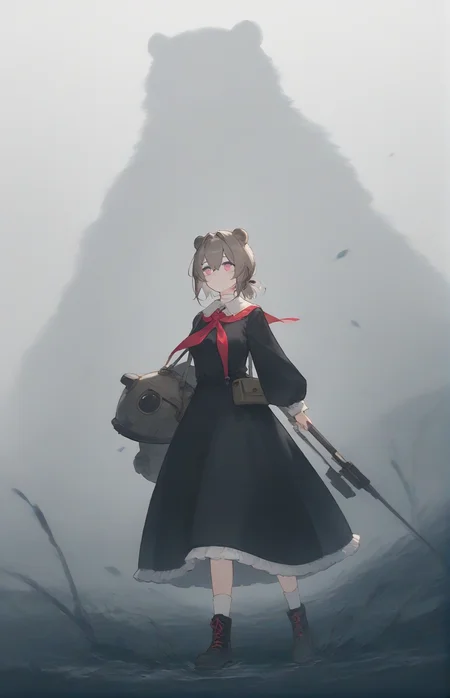 score_9,score_8_up,score_7_up,1girl,solo,light_blush,
<lora:Abstinthe-Pony-07:0.8>,
abstinthe-base,animal ears,bear ears,pink eyes,short hair,brown hair,grey hair,bear girl,hair between eyes,short ponytail,large breasts,very long sidelocks,hair intakes,over shoulder,(long front hair:1.2),
black dress,black footwear,boots,dress,long sleeves,neckerchief,official alternate costume,red neckerchief,white socks,white collar,puffy sleeves,frilled_dress,
simple background,standing,holding helmet,