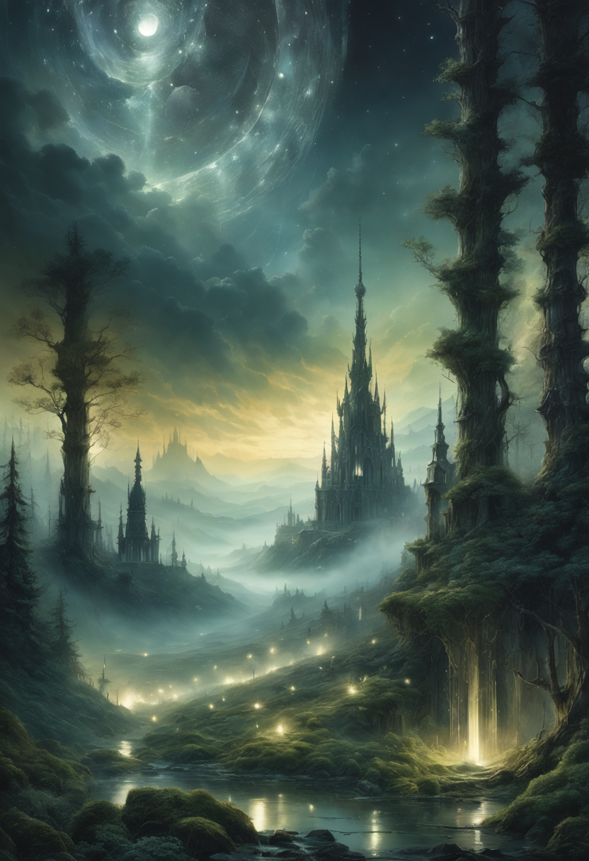 (((Horror Landscape))), Evanescent, Efflorescence, Mellifluous, Effervescent, Mellifluous, Nocturnal, Serendipity, Sonorous, Ineffable, Quixotic, Resplendent, Petrichor, Ephemeral, Luminous, Nebulous in Brooding landscapes, epic scale, German myth, layered symbolic density