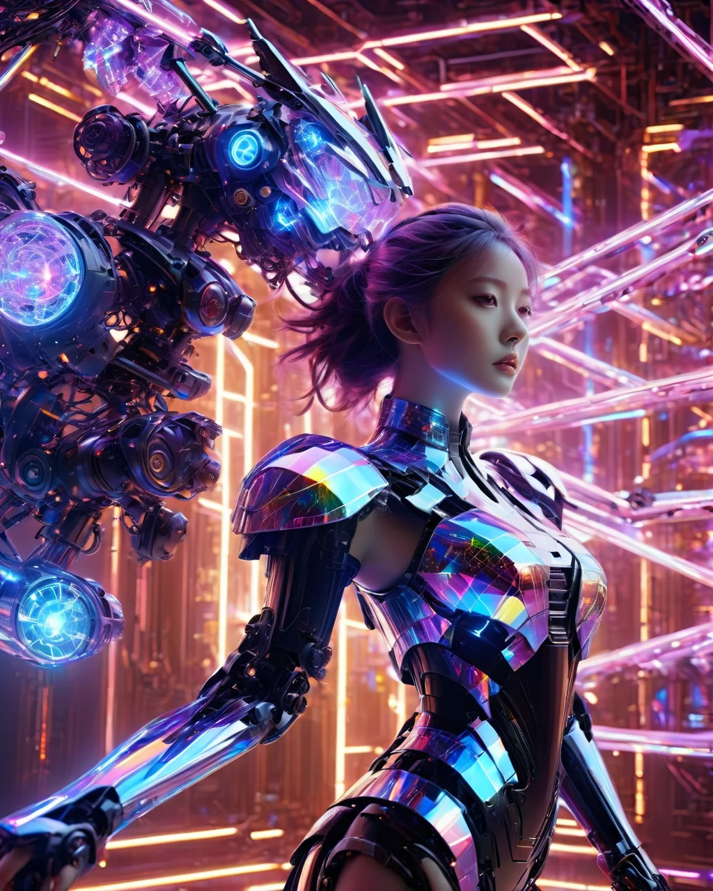 high quality exquisite wallpaper,<lora:xl-holographic-å
¨æ¯V20:0.8>,(holographic:1.7),holographic metal,holographic fabric,1girl,(metal exquisite mechanical structure:1.5),wearing white Hanfu andblack mecha,The girl was surrounded by magic arrays,solo,mecha musume,Gundam,blue_eyes,standing,glowing,cinematic lighting,strong contrast,1 beautiful young chinese woman,mature and exquisitefacial features,sharp eyes,special effects.Perspective View,3D rendering,RealisticDetails,Detailed Depiction,photon force field,purple and blue glowing neon lights,wide_shot,robot girl,magic array,Surrounded by holographic ribbons throughoutfluorescent,ukl,<lora:xl0917ukl-v12:0.44>,magic circle,a blue neon light that is on a wall in a room with a clock on it and a building in the background,roman numeral,no humans,glow,blue theme,intricate glowing lace,(Multiple magic arrays:1.5),