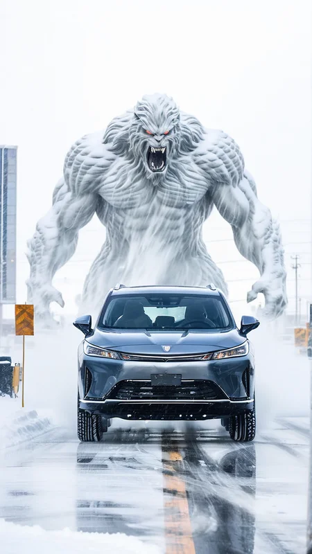D5X,A solitary car battles through a relentless snowstorm,its headlights barely cutting through the swirling snow. Behind it,the snowstorm takes on a terrifying shapeâa gigantic,ghostly creature made entirely of wind and snow,with a wide-open mouth as if itâs trying to consume everything in its path. The creatureâs form is defined by the swirling snow,with icy,glowing eyes piercing through the storm. The scene is filled with a sense of urgency and danger,as the car struggles to escape the grasp of this monstrous,snowstorm-formed entity. The environment is harsh and cold,with snow-covered roads and blizzard conditions creating an intense,cinematic atmosphere,<lora:D5X_XL_v1:1>,