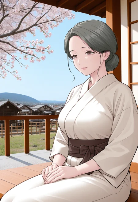 masterpiece, best quality, amazing quality, newest,  BREAK <lora:OribeB:1> oribeka, 1girl,mole under eye,grey hair,single hair bun, brown eyes,mature female,oil portrait, hair flowing, cherry blossom,photo background, (<lora:StS_PonyXL_Detail_Slider_v1.4_iteration_3:1>:0.8),sitting,village,veranda,blue sky,flowers,cafe in town