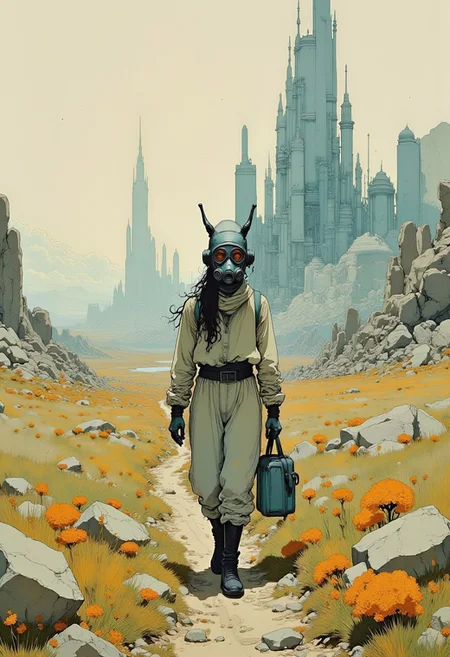 A woman walking in a mysty landscape, wearing a gas mask, colony skyscrapers in the distance , masterpiece, intricate details, robot creature