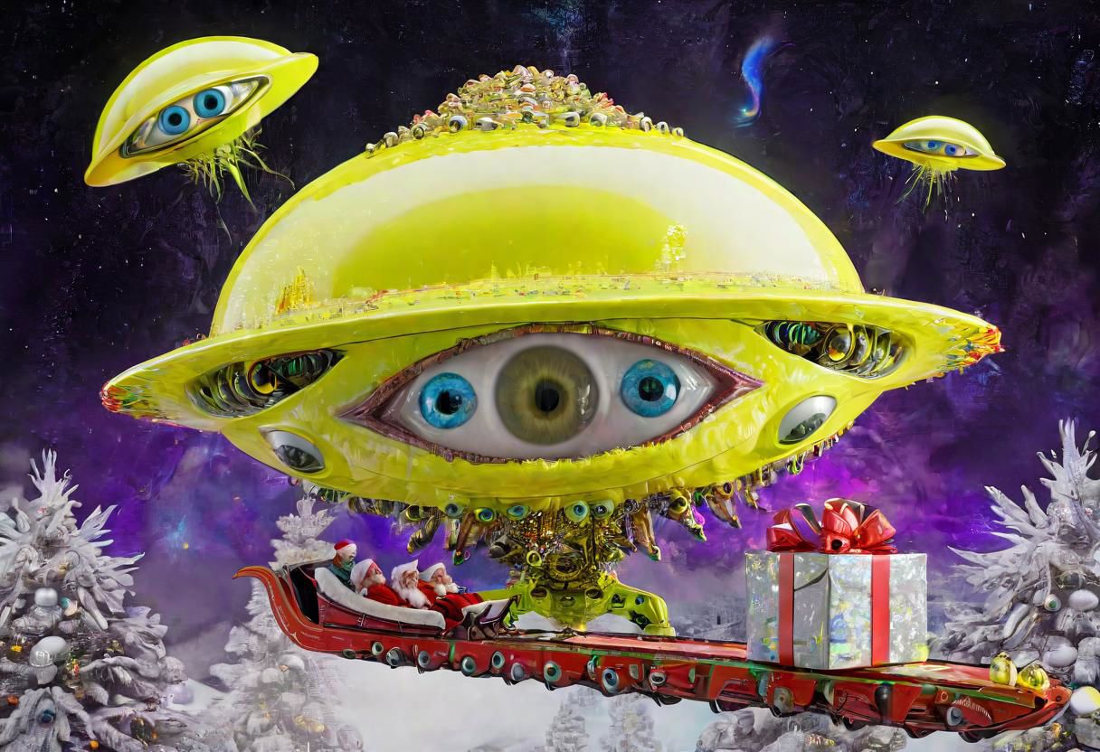 seraphins, mystical creature with hundreds of eyes and wings, roswell alien with yellow christmas hat, delivering presents with santa riding a ufo sleigh, intricate complexity, surreal horror, inverted neon yellow drip paint, photoreal