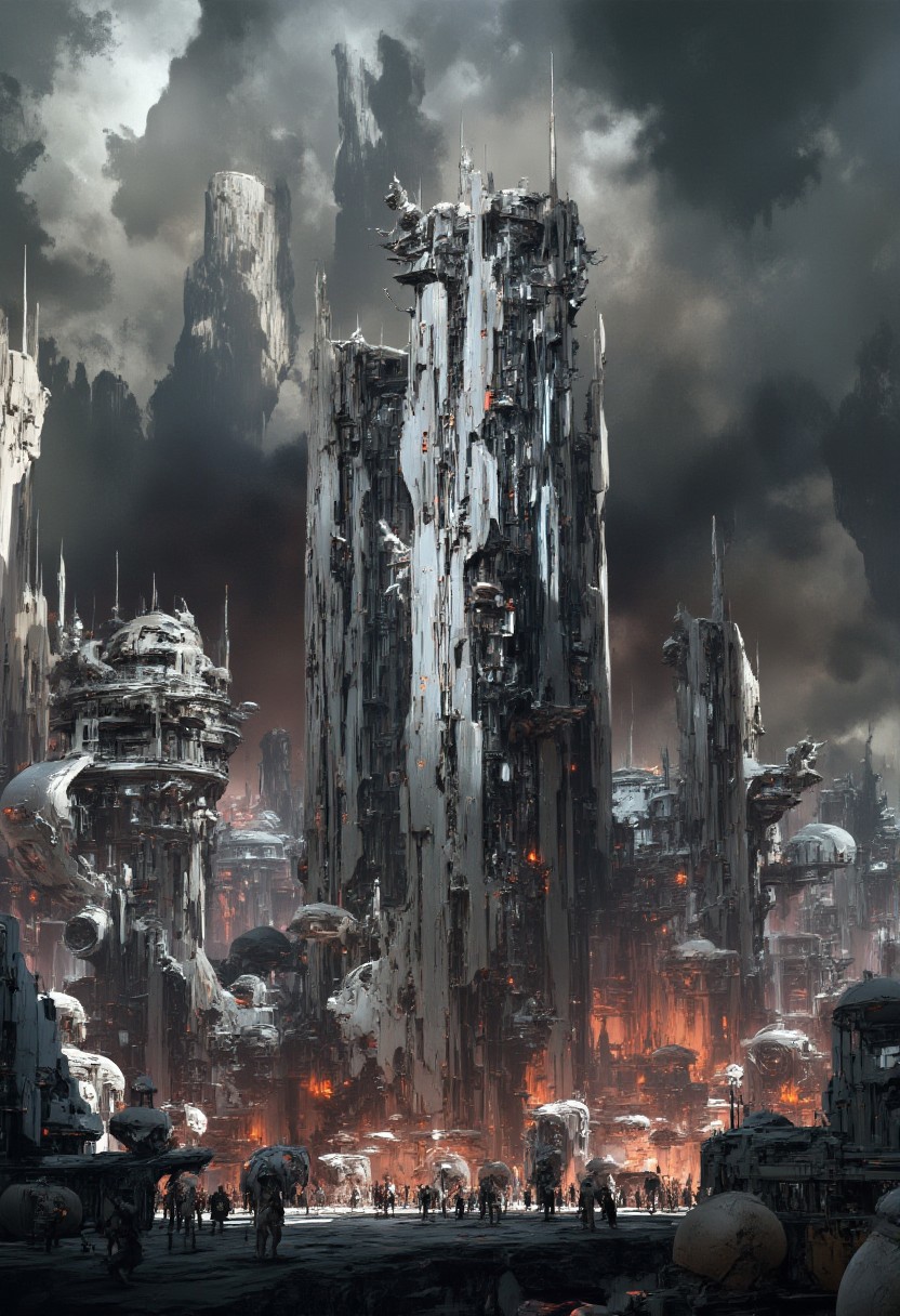 masterpiece, painterly, oil painting of a futuristic alien city, towers, skscrapers, domes, in white and chrome, surreal colours, mist, sunset, stormy sky, surreal clouds