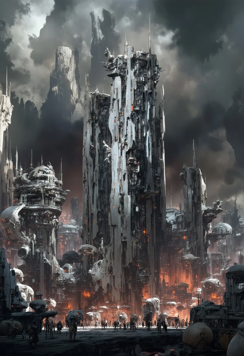 masterpiece, painterly, oil painting of a futuristic alien city, towers, skscrapers, domes, in white and chrome, surreal colours, mist, sunset, stormy sky, surreal clouds