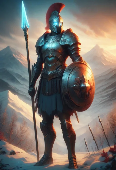 score_9, score_8_up, score_7_up, Spear Warrior, holding spear, Spartan with helmet and armor. Glowing eyes, mountains, snowy