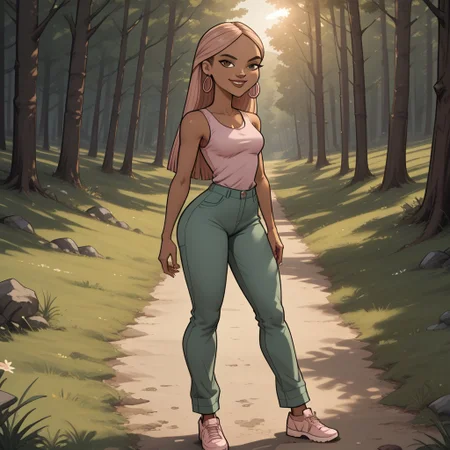 score_9, score_8, BREAK, solo, dark blonde hair, brown eyes, brown lips, lipstick, light pink sleeveless shirt, green pants, light pink footwear, earrings, dark skin, total drama, Nichelle_(Total_Drama), breasts, sexy pose, smile, outdoors, sunlight, shadows, evening lighting, natural lighting, forest, trees, grass, orange sky, sunset