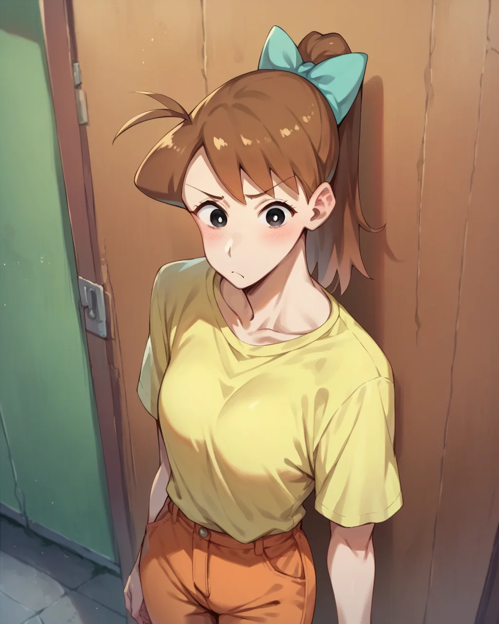 score_9, score_8_up, score_7_up, score_6_up, score_5_up, score_4_up,
<lora:Ishizaka_Midori_PONY:1>,ishizaka midori, 1girl, solo, brown hair, high ponytail, long hair, black eyes, ahoge, hair bow, yellow shirt,orange pants,