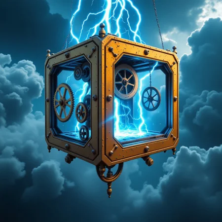 M1CR0CUB3D, aidmafluxpro1.1, A cubed sky engine suspended mid-tempest. Giant gears rotate across the surface, channeling lightning through brass pylons. Below, a stormheart chamber pulses with electric arcs over a gravity-defying core. Color: brass, steel blue, and white lightning. Style: electro-steampunk surrealism, cinematic glow, low-angle lighting with stormcloud shadows.