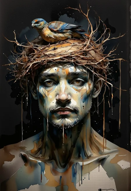 A deadly serious portrait of a turtleman with a birds nest on his head in an Expressionist_Painting_Style