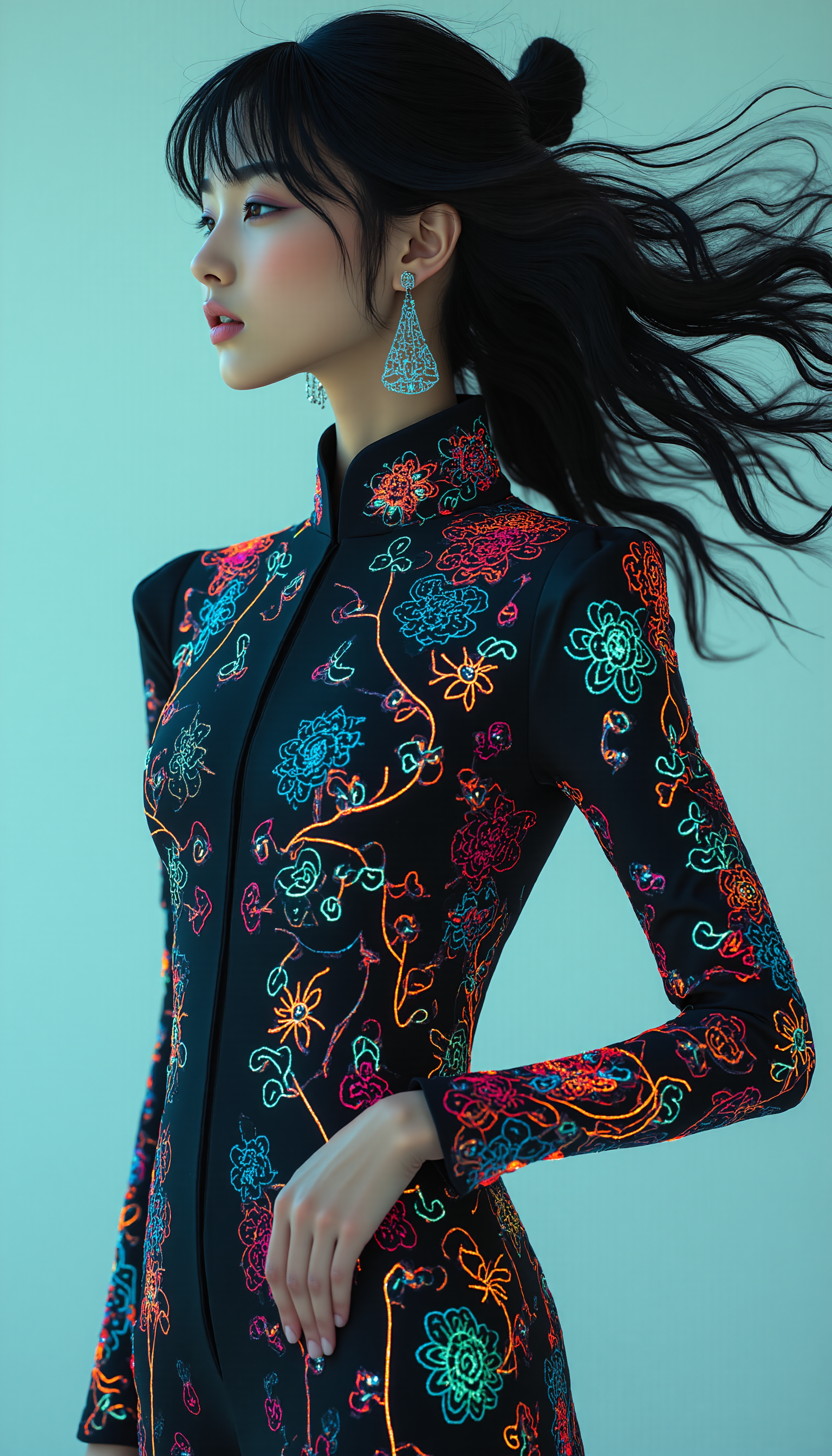 A glamorous model in a futuristic rendition of traditional Chinese qipao, designed with a sleek, form-fitting silhouette and futuristic metallic fabrics. The outfit features intricate embroidery in neon threads, glowing subtly as the light reflects off the surface. The model strikes an elegant, composed pose, with her minimalist surroundings emphasizing the sharp, modern lines of the garment. The fusion of ancient Chinese elegance and futuristic design creates a striking, harmonious balance of beauty, history, and innovation, hand up pose,
(three quarter view:0), (from above:0.4), (dutch angle:0.4),cowboyshot,
wind, floating hair, looking away, midjourney_whisper_avant_couture, <lora:midjourney_whisper_avant_couture_v01:1>,