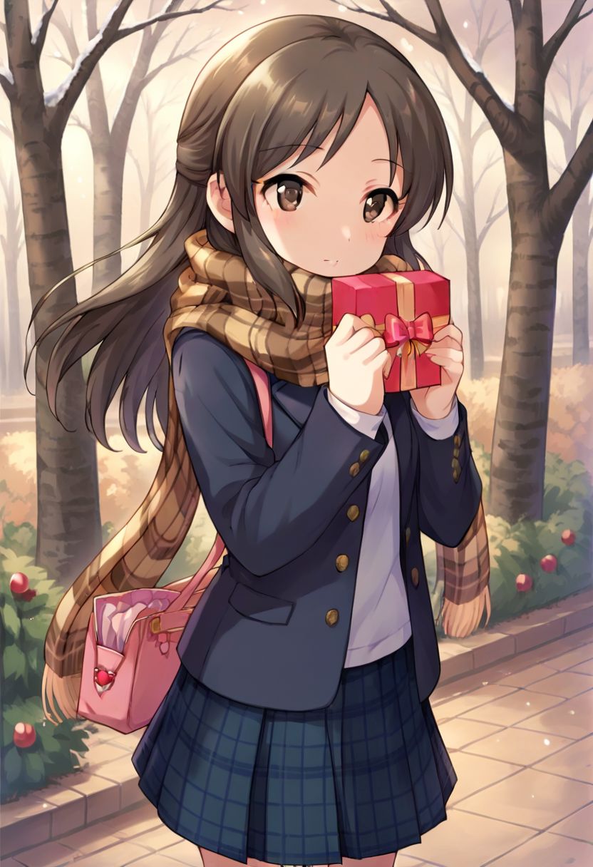 score_9, score_8_up, score_7_up, source_animetachibana arisu, brown eyes, brown hair, long hair, 1girl, scarf, solo, gift, plaid, skirt, bag, tree, school uniform, plaid scarf, valentine, bow