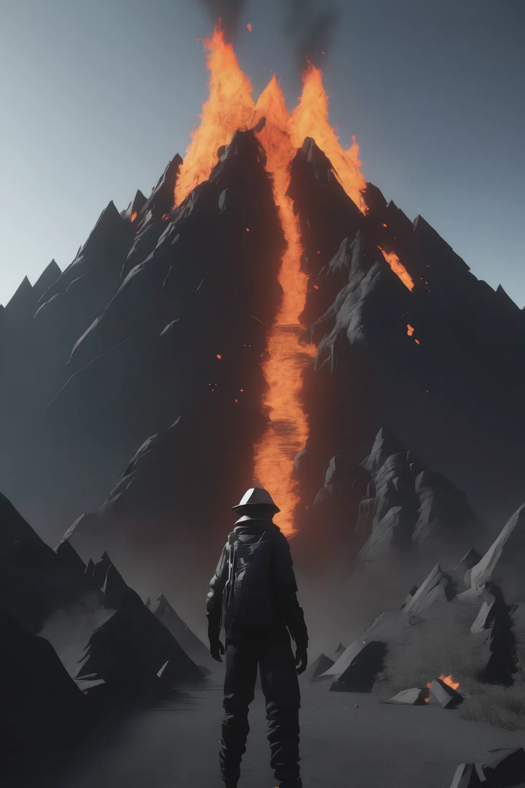 <lora:Parralel Dimensions:1>Parralel Dimensions - a person standing in front of a mountain with a lot of fire