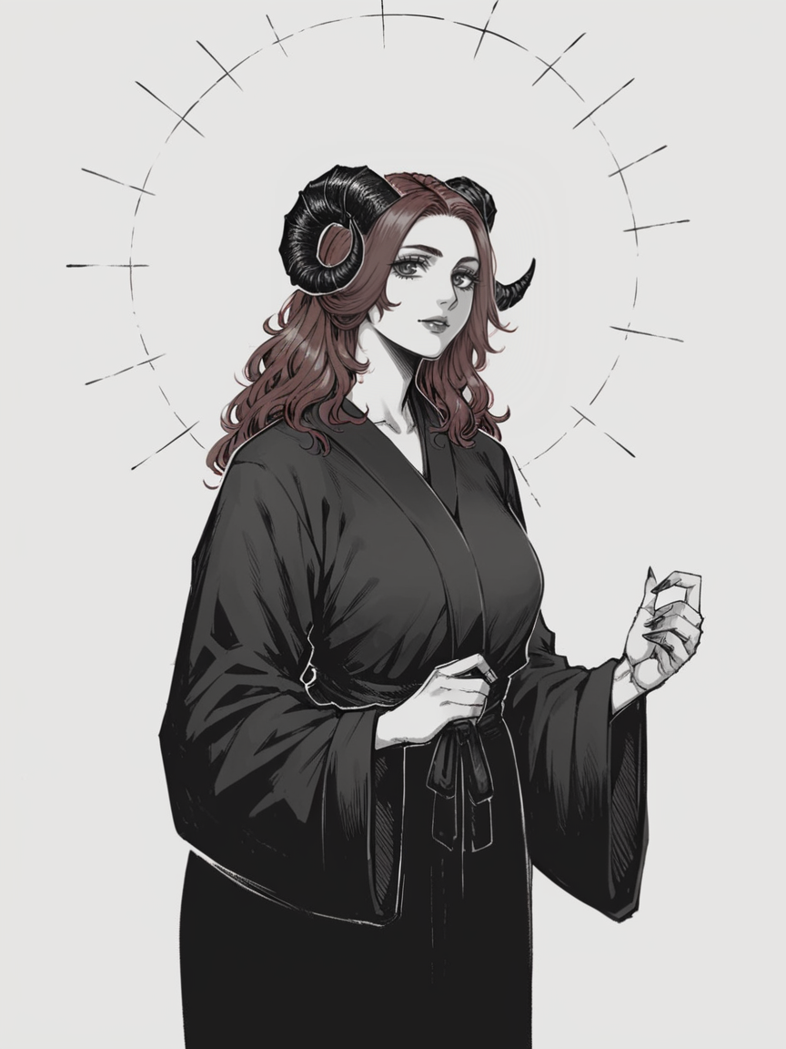 score_9, score_8_up, score_7_up, score_6_up, r3d1nk, white background, <lora:r3d1nk:0.9>, red, monochrome, horns, 1girl, long red hair, curvy, robe