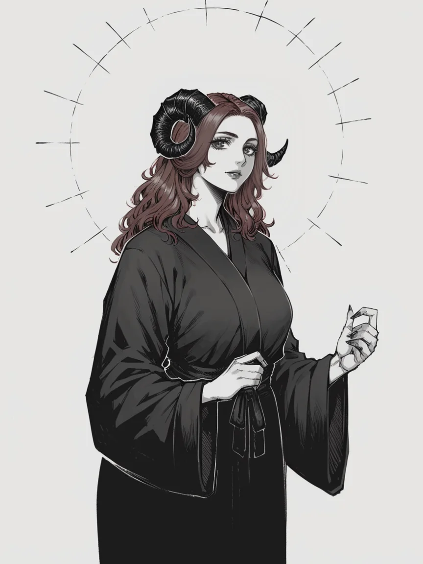 score_9, score_8_up, score_7_up, score_6_up, r3d1nk, white background, <lora:r3d1nk:0.9>, red, monochrome, horns, 1girl, long red hair, curvy, robe