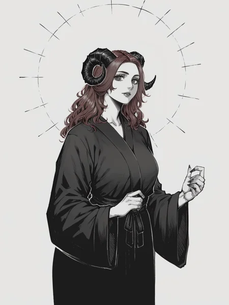 score_9, score_8_up, score_7_up, score_6_up, r3d1nk, white background, <lora:r3d1nk:0.9>, red, monochrome, horns, 1girl, long red hair, curvy, robe