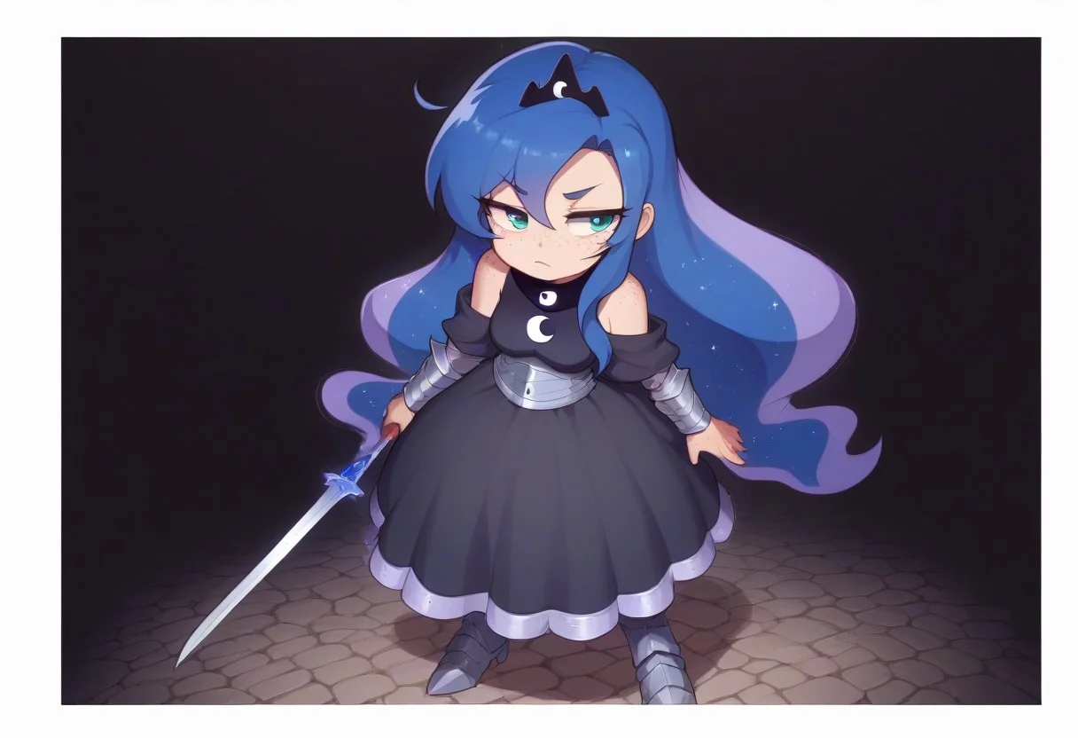 score_9, score_8_up, score_7_up, score_6_up, (humanized, human), 1girl,, (princess luna), blue hair, , long hair, ((freckles)), anatomically correct, medium breasts, dark background, photo_realistic:1.5, fully clothed, high resolution, ,serious face, lidded eyes, outside, on a hill, night time, soft glow, moonlit scene, big eyes, elegant dress, blue and black dress, armored dress, looking away, standing, armored boots, holding a sword, full body, front view, exposed shoulders, detailed dress, freckles on shoulders, blood splattered, blood on sword, blood on arm, blood on face