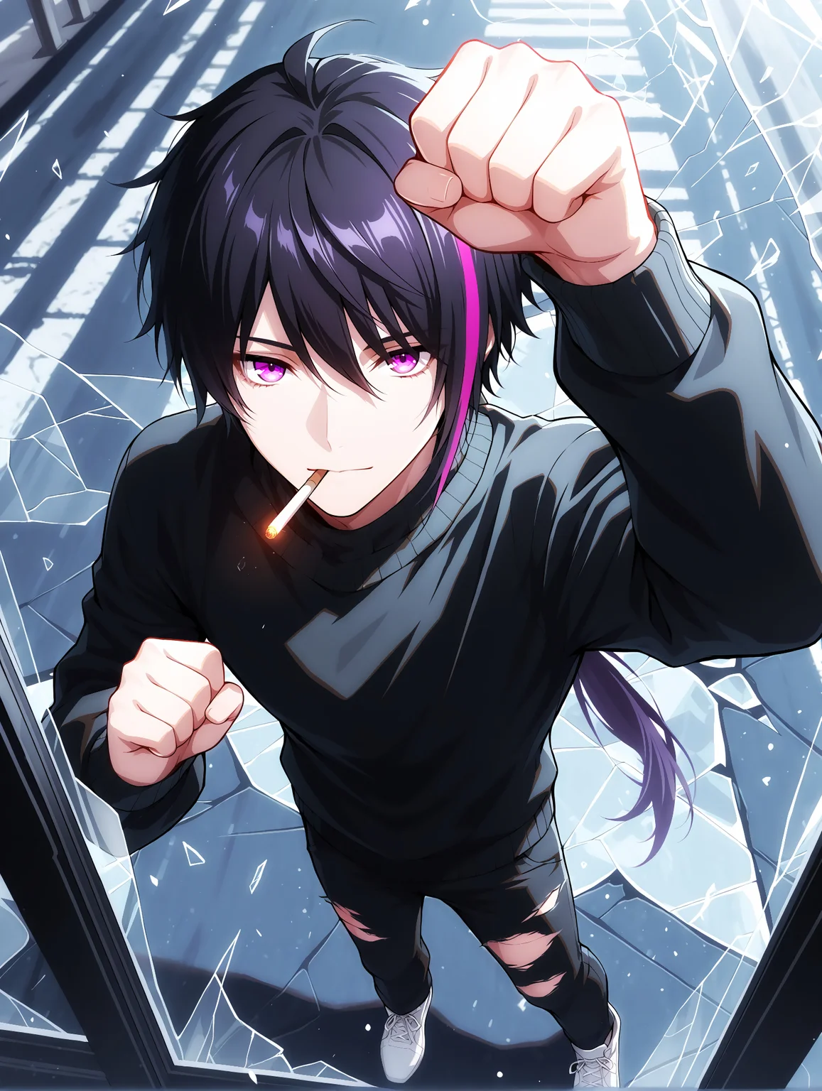 masterpiece, very aesthetic, best quality, solo, amazing quality, 24 years old, punch towards spectator, punch against glass, punch, shattered glass, clenched fist, motion, looking at viewer, cigarette in mouth, black sweater, black pants, white sneakers, sneakers, from above, street, ripped pants, expressionless, slight smile, imtdlieren, 1boy, male, black hair, multicolored hair, purple hair, purple eyes, , low ponytail, streaked hair, fit body, dynamic angle, detailed background, 