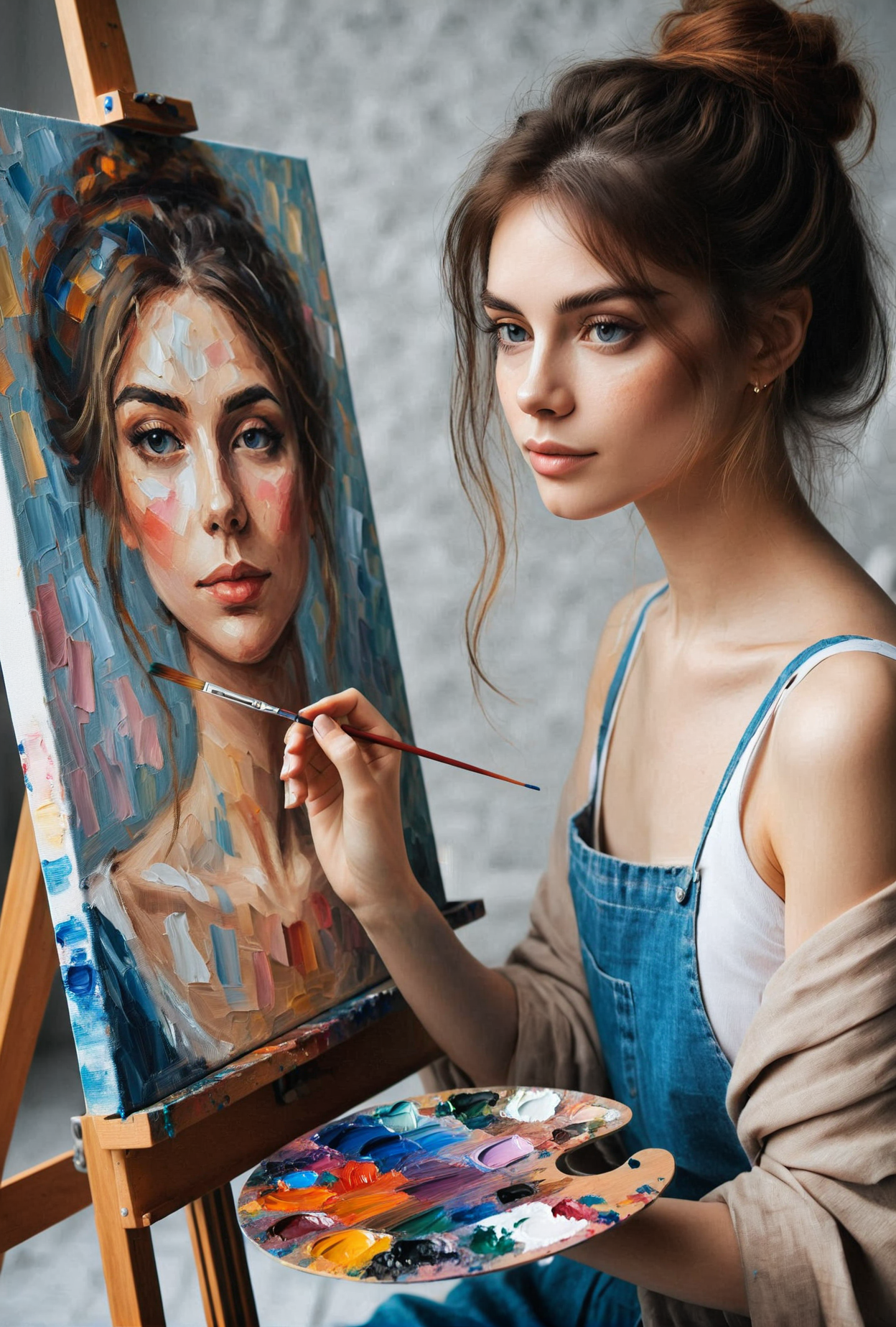 photo of a woman painting a impressionism style self-portrait, canvas, palette, 1girl, <lora:paintingselfportrait:0.7>