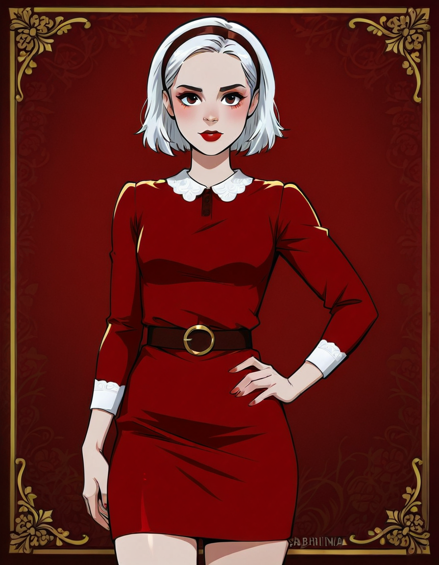 <lora:SabrinaIllustrious1.00JLFO:1> sabrina, solo, 1girl, white hair, hairband, short hair, red dress, brown eyes, skirt, red lips, shirt, makeup, looking at viewer, hand on own hip, cowboy shot,