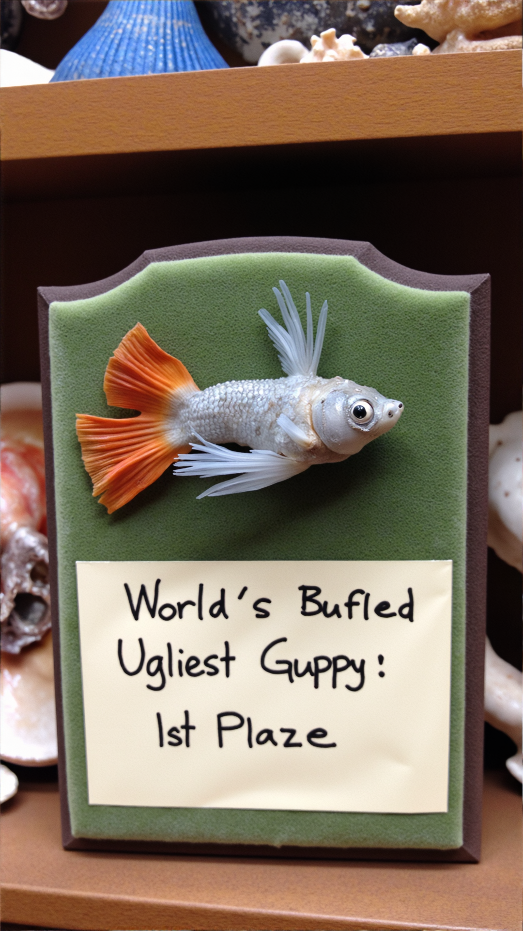 A photo of a badtxdrmy, bad taxidermy, A poorly taxidermied guppy is mounted on a velvet-covered wooden plaque, its tiny fins splayed awkwardly to the sides like it's trying to escape. The fish's once vibrant orange and blue scales are now a dull gray, and its glassy eyes stare off in opposite directions, giving it a perpetually bewildered expression. A banner on the plaque reads, "World's Ugliest Guppy: 1st Place Winner." The whole display is nestled on a shelf amidst a collection of tacky seashells and dusty ocean trinkets, giving the impression that it's been sitting in a rundown beachside souvenir shop for decades.<lora:BadTaxidermiFlux:1>