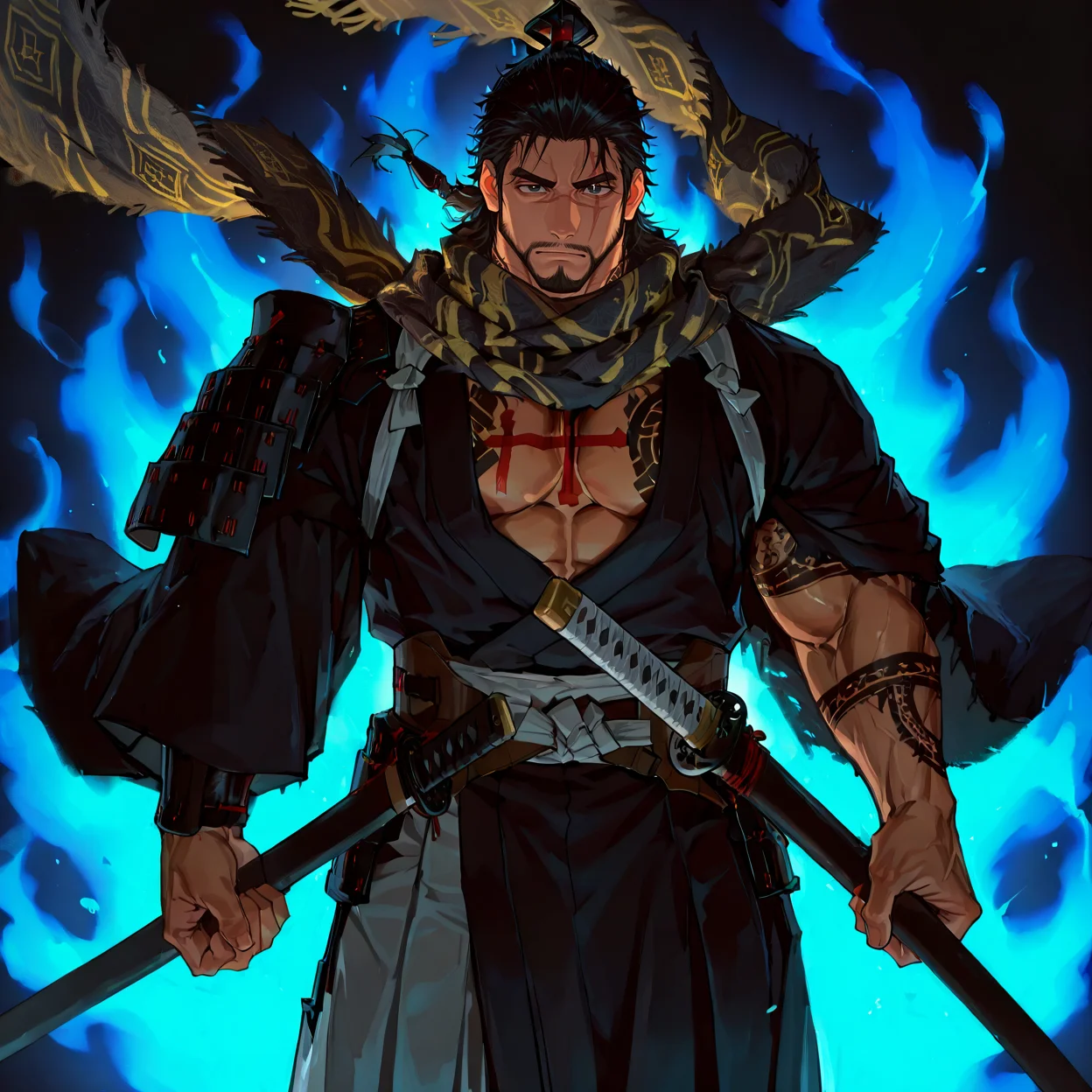 <lora:Zehn__Alchemist_Code-000002:.7>, tagatamezehn, zehn_black hair, zehn_kimono, 1boy, short black hair, slicked back, tied hair, scar across eye, scar on nose, scarf, beard, solo, male focus, manly, bara, mature male, muscle body, kimono, armor, tattoo on chest, cross tattoo, single arm tattoo, pants, zouri, tabi, runes, samurai,
cowboy shot,
male focus, muscular male, muscular male, bara, mature, facial hair, beard, full beard, sideburn, mustache, stubble,), facial hair, bara, mature, body hair, aixiwuganda_(20222192), very awa, masterpiece, best quality, absurdres, newest, perfect quality, detailed background, intricate details,, <lora:slider_Body Type_alpha1.0_rank4_noxattn_last:2><lora:Anime Summer Days 2 Style SDXL_LoRA_Pony Diffusion V6 XL:.6><lora:merged:.7>, DARK, DARK BACKGROUND, LOW-KEY LIGHTING <lora:slider_cfg_scale_boost:.7><lora:Artist6p:.55>, Artist6p, Artist04p,<lora:slider_il_brightness_slider_d1:-1><lora:slider_il_contrast_slider_d1:-.45>,<lora:slider_contract_controller_illus01_v1:.5>, <lora:addon_illustriousXLv01_stabilizer_v1.121:.5>,<lora:slider_DarkSlider1.2_alpha1.0_rank16_full_300steps:-1>