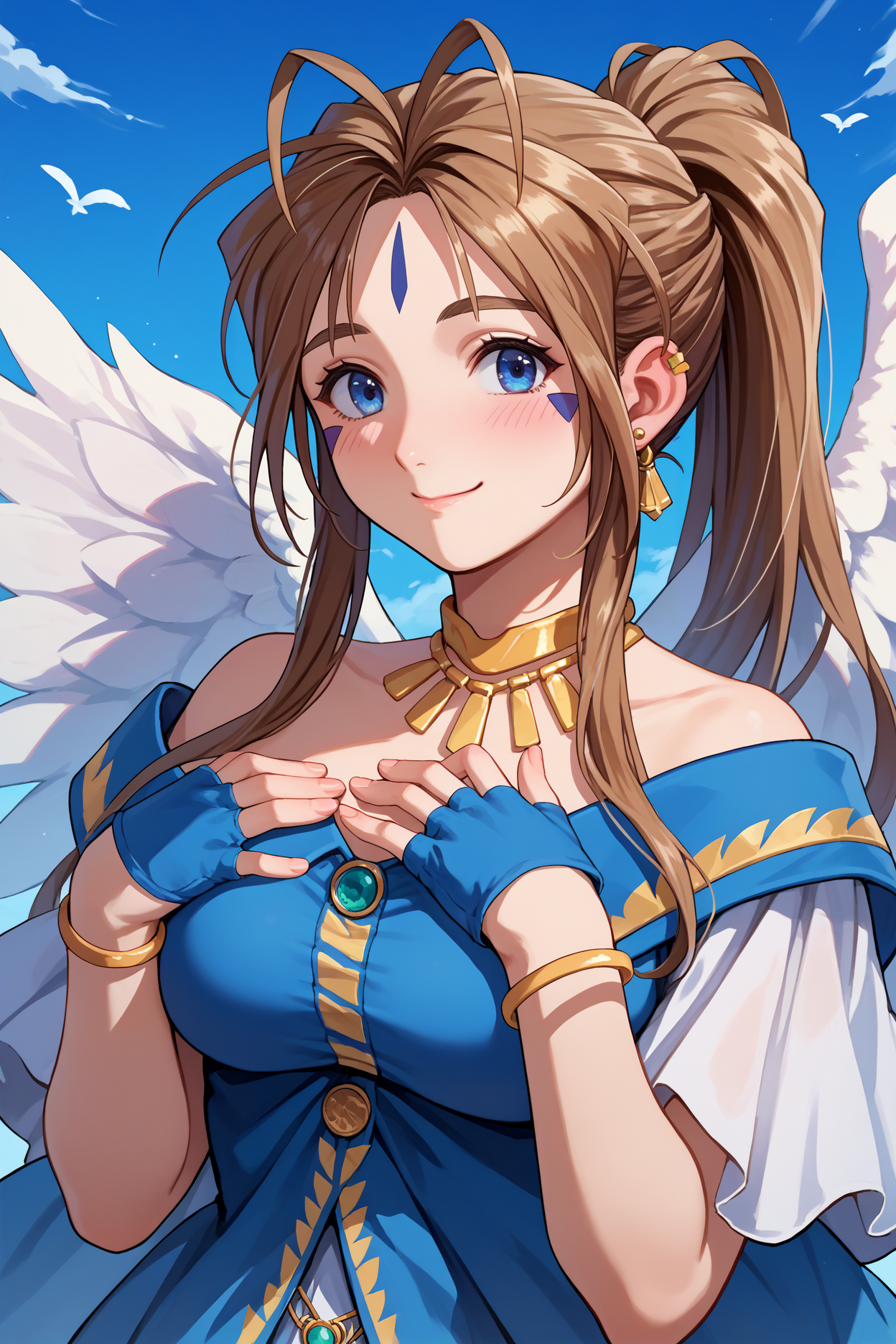 score_9, score_8_up, score_7_up, score_6_up, source_anime, 1girl, solo,  <lora:belldandy-pdxl-nvwls-v1-000006:1> amgBDD, brown hair, ponytail, antenna hair, blue eyes, forehead mark, facial mark, necklace, gold ear piercings, earrings, blue and white dress, off-shoulder dress, white skirt, angel wings, large breasts, upper body, looking at you, smile, blue sky, city, hand on own chest, blue gloves, fingerless gloves, bracelet, happy, closed mouth, blush