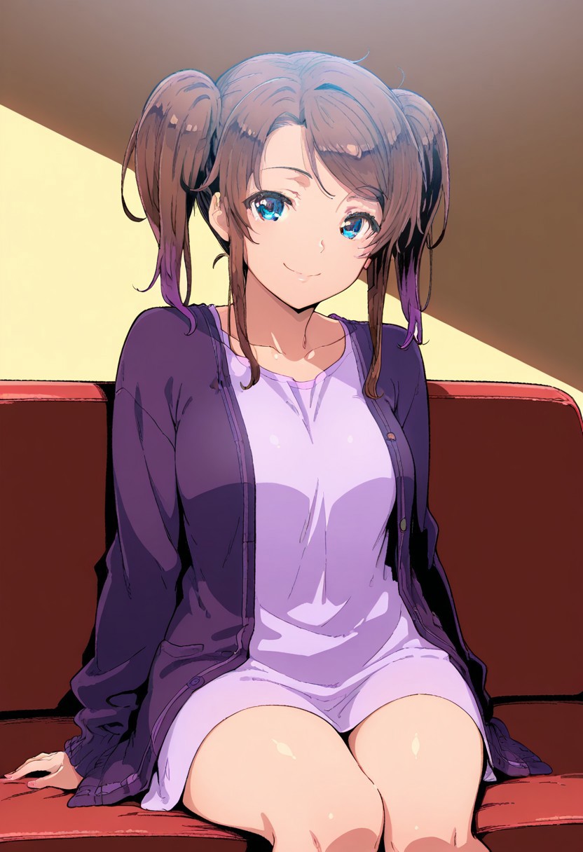 source_manga, best quality,masterpiece, Master piece, illucinemic lighting, shinozuka_yuuji's style, 1girl, young girl, brown hair, twintail, blue eyes, violet cardigan, light violet shirt, sitting on a couch, smile,